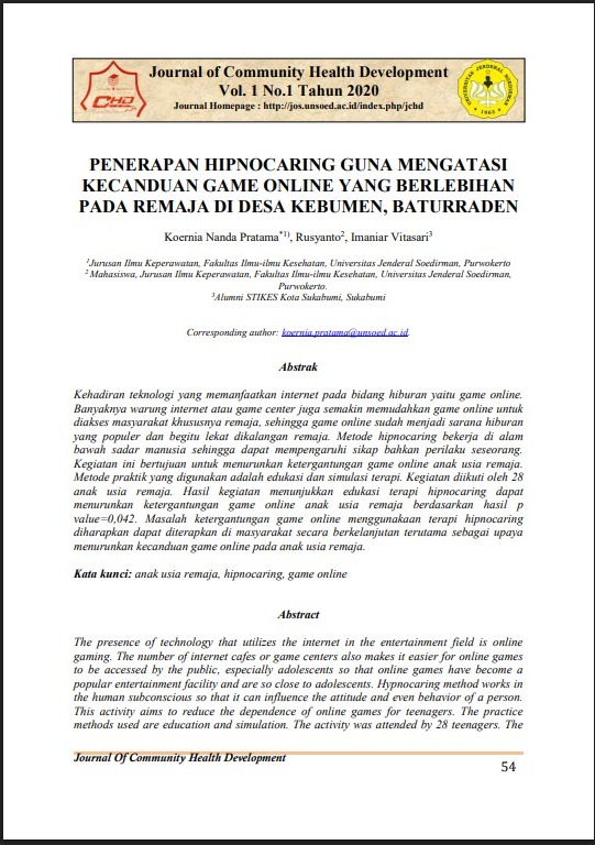 PENERAPAN HIPNOCARING GUNA MENGATASI KECANDUAN GAME ONLINE YANG BERLEBIHAN PADA REMAJA DI DESA KEBUMEN, BATURRADEN